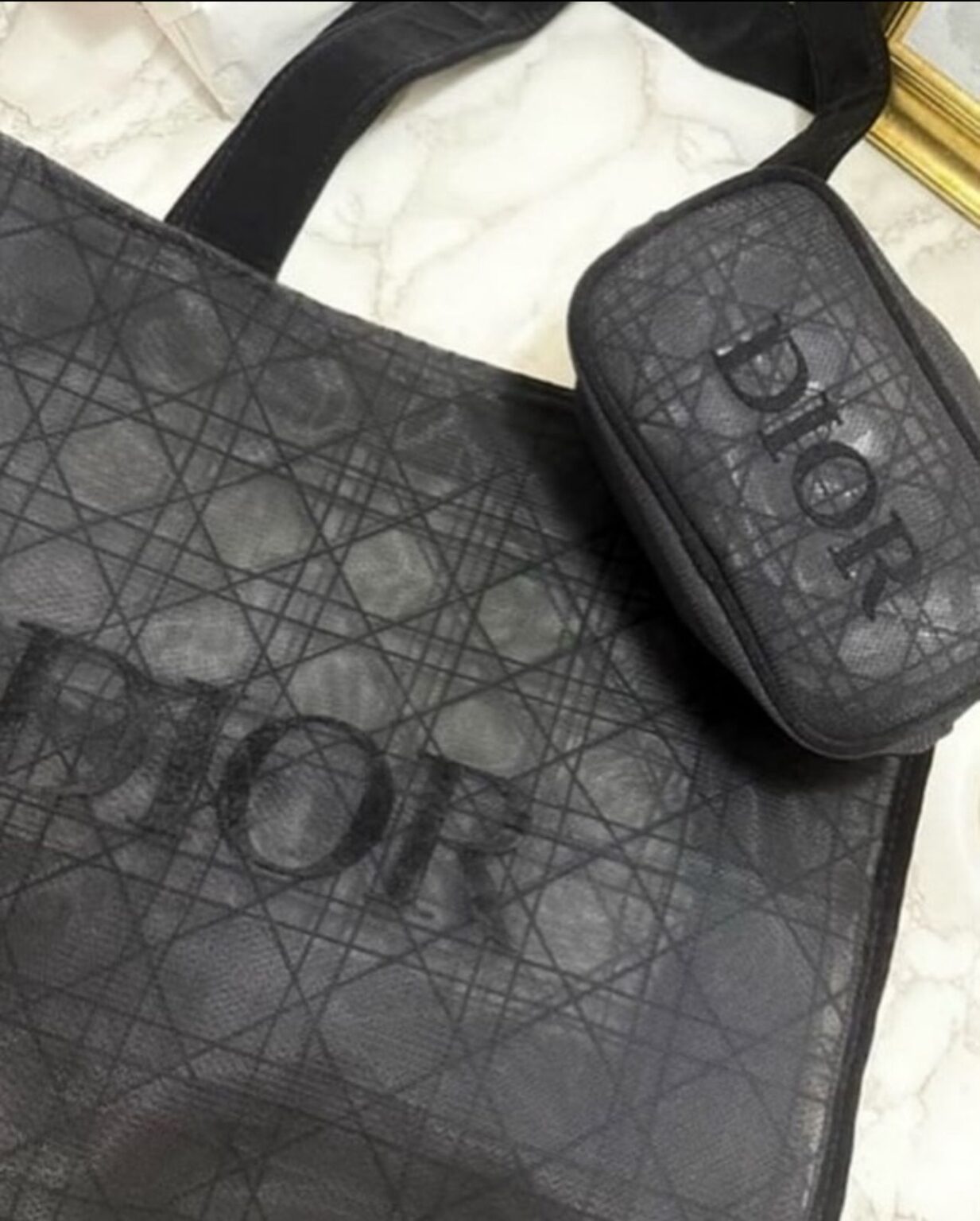 DIOR Black Mesh Makeup Bag Cosmetic Pouch