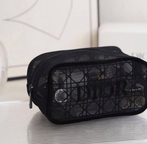 DIOR Black Mesh Makeup Bag Cosmetic Pouch