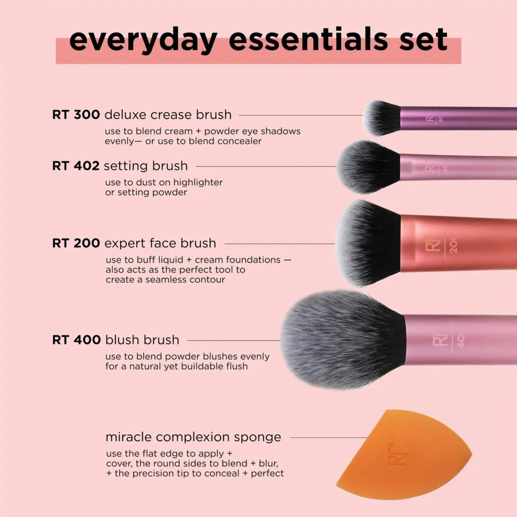 Real Techniques Every Essentials Makeup Brush Set with Bonus Miracle Complexion Sponge