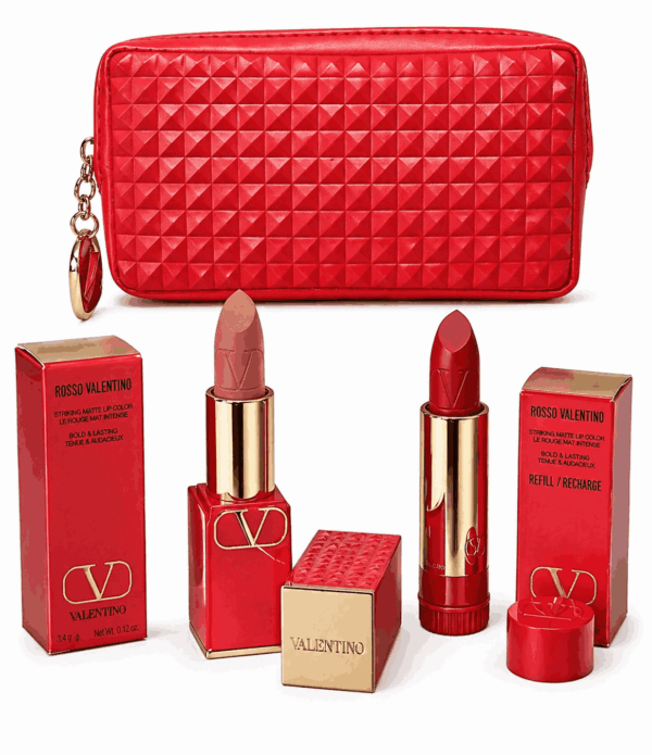 Valentino Rosso Lipstick Set 123R Matte 22R Satin Refill & Red Geometric Pouch