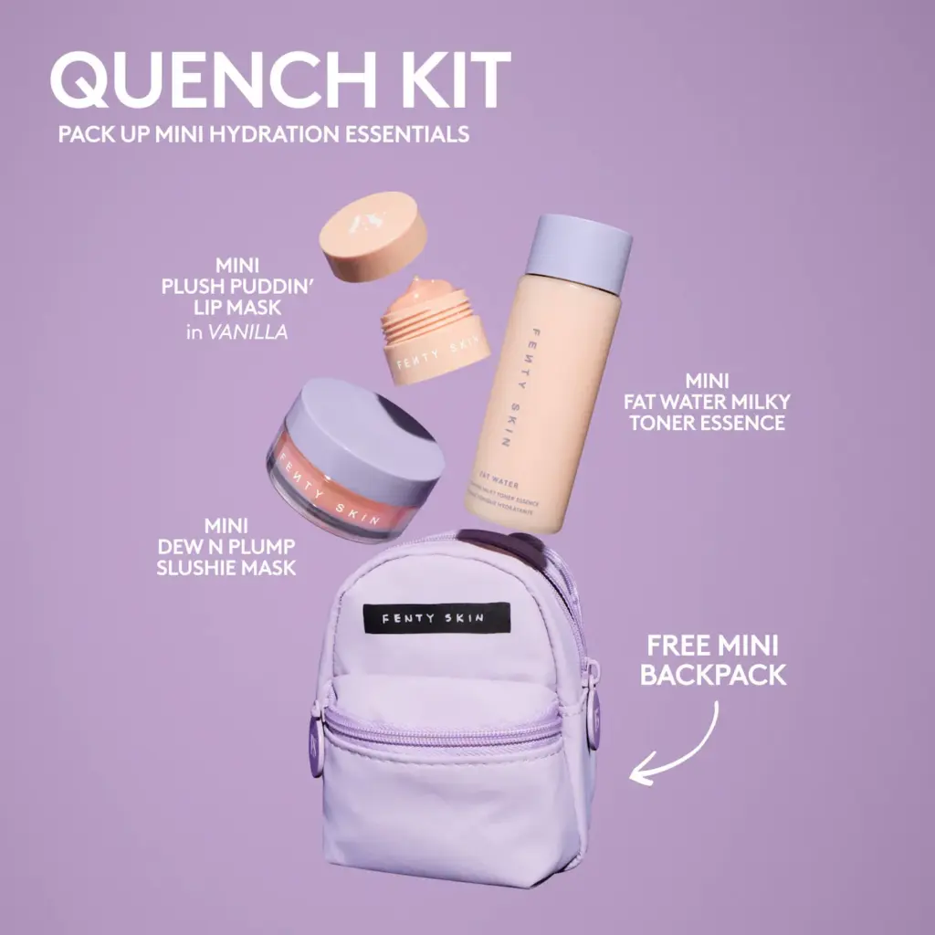 مجموعة "كوتش كيت" (Quench Kit) المصغرة من "فينتي بيوتي باي ريهانا" - طقم عناية بالبشرة مرطب مكون من 3 قطع + حقيبة