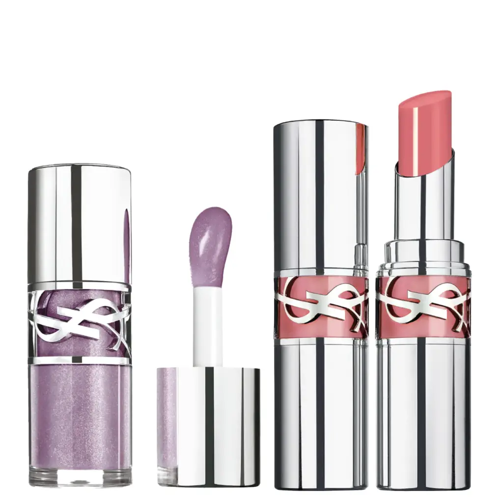 طقم هدايا "إيف سان لوران" (YSL) الثنائي: قلم زيت الشفاه "لوف شاين" (Loveshine) وملمع الشفاه الممتلئ.